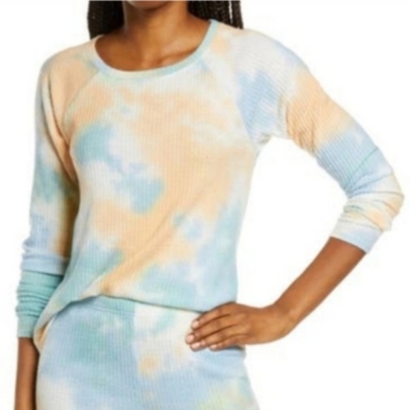 BP. Tie Dye Thermal Long Sleeve Waffle Knit Top Women's Large L Blue Orange EUC - Picture 3 of 9